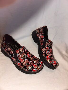 Easy street Black Slip-On Flats with Red & Teal Sugar Skull Print.